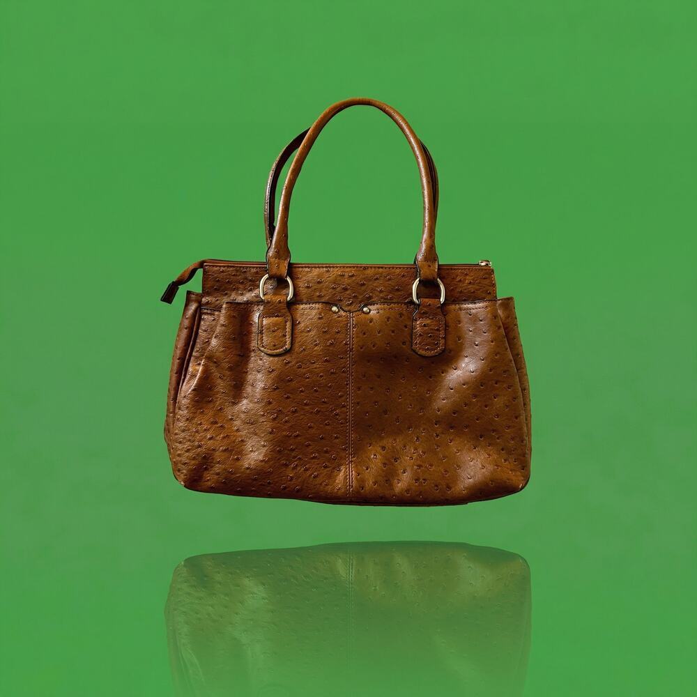 Bueno Cognac Ostrich Embossed Satchel Handbag Faux Leather